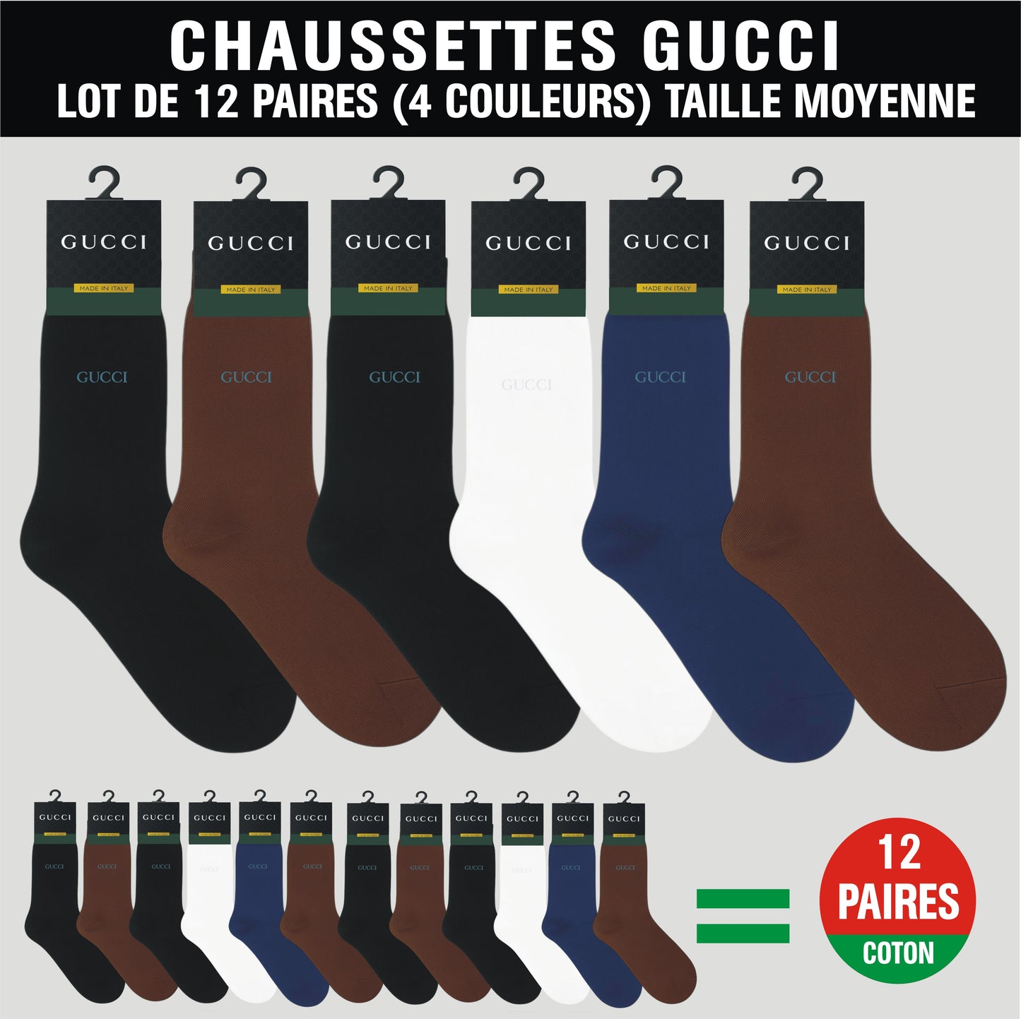 Chaussettes Gucci – Lot de 12 Paires (Taille Moyenne)