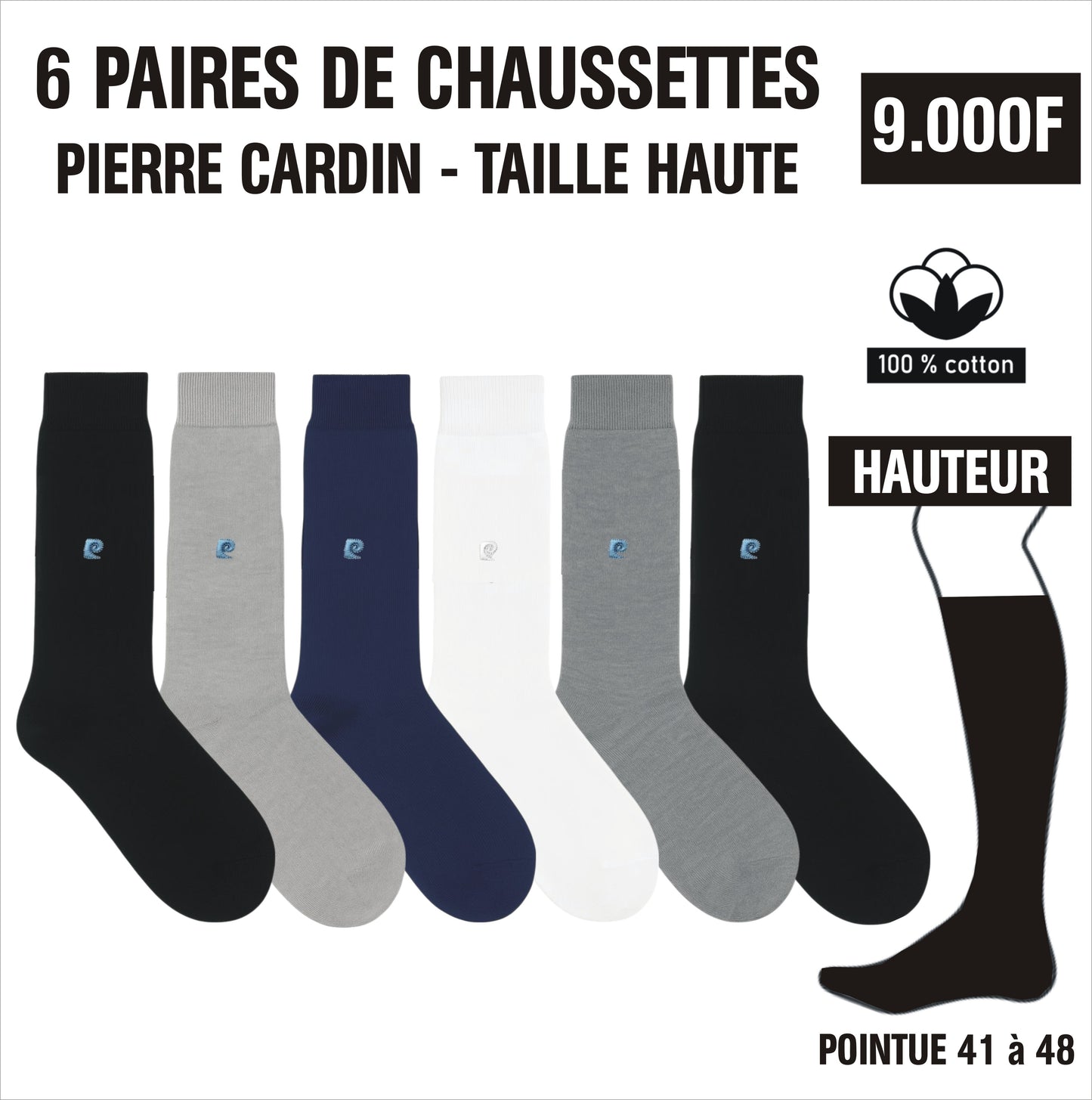 Chaussettes Pierre Cardin – Lot de 6 Paires (Taille haute)