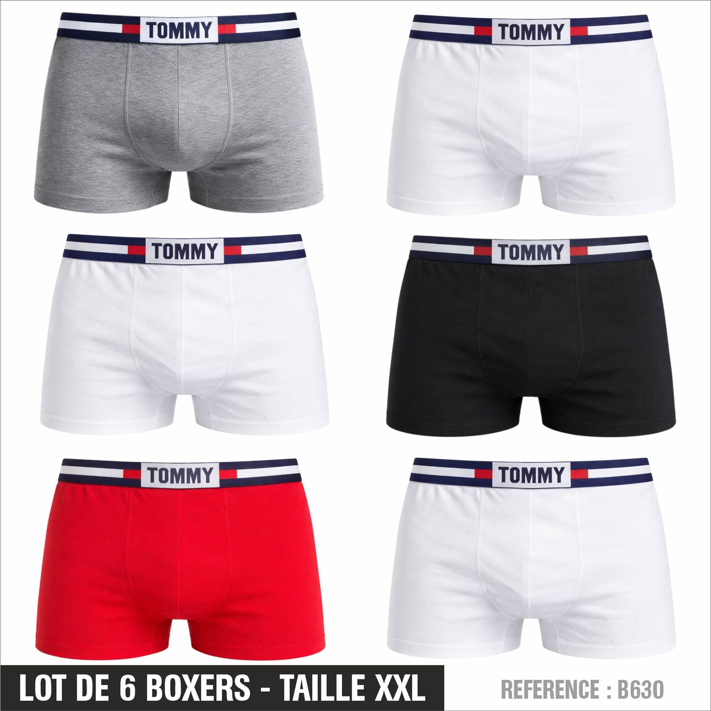 Lot de 6 Boxers Tommy Homme – Taille XXL – Réf. B630