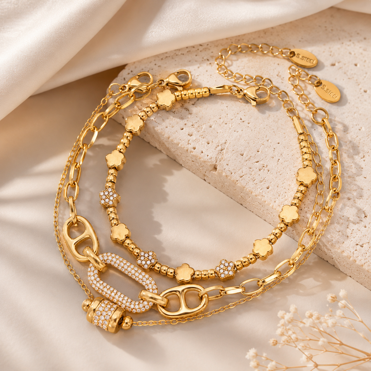 Ensemble de 3 Bracelets Dorés – Finition en plaquage D'or véritable, 18 carats
