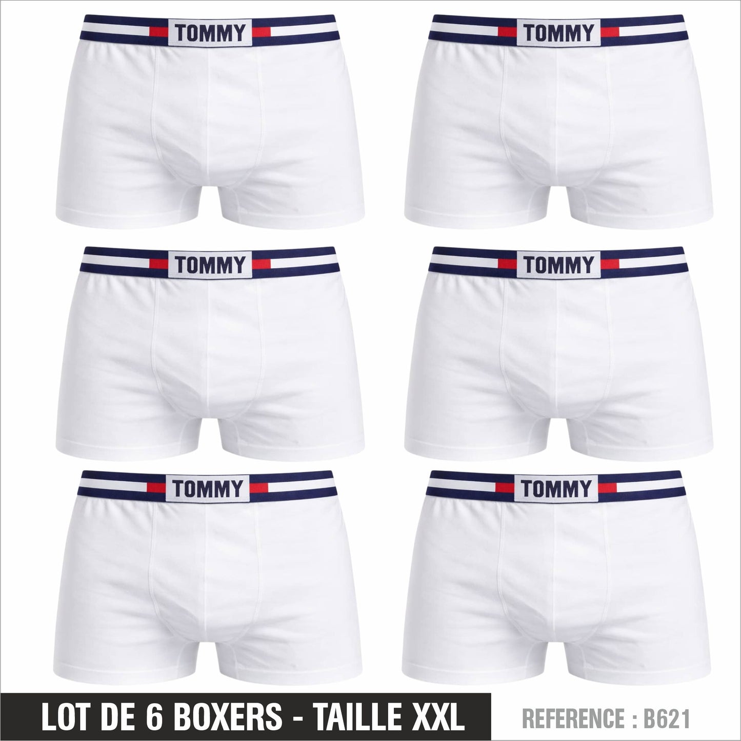 Lot de 6 Boxers Tommy Homme – Taille XXL – Réf. B621