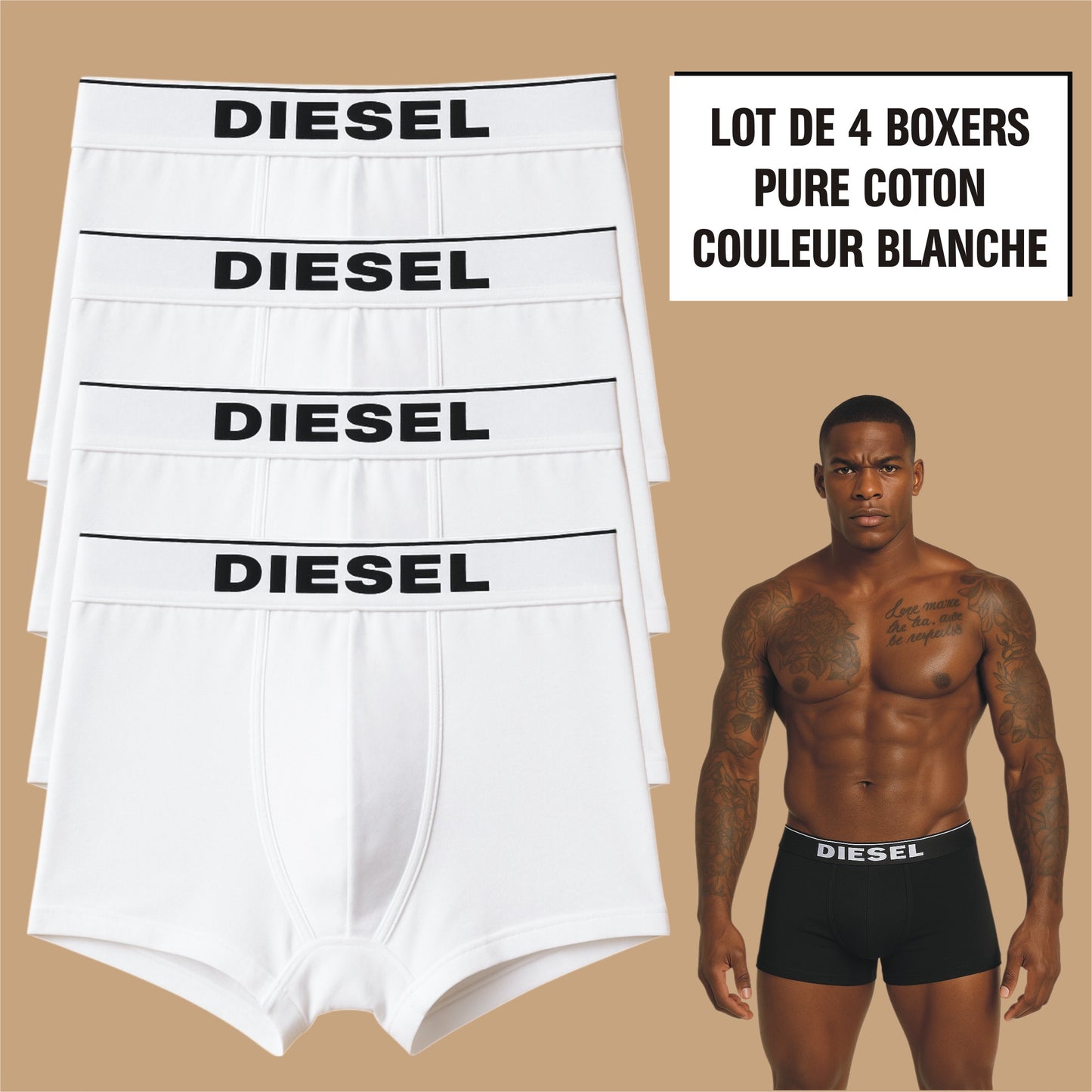 Boxers Diesel (Ref BLANC4) Lot de 4 Pièces (dispo en M, L, XL, XXL, XXXL)