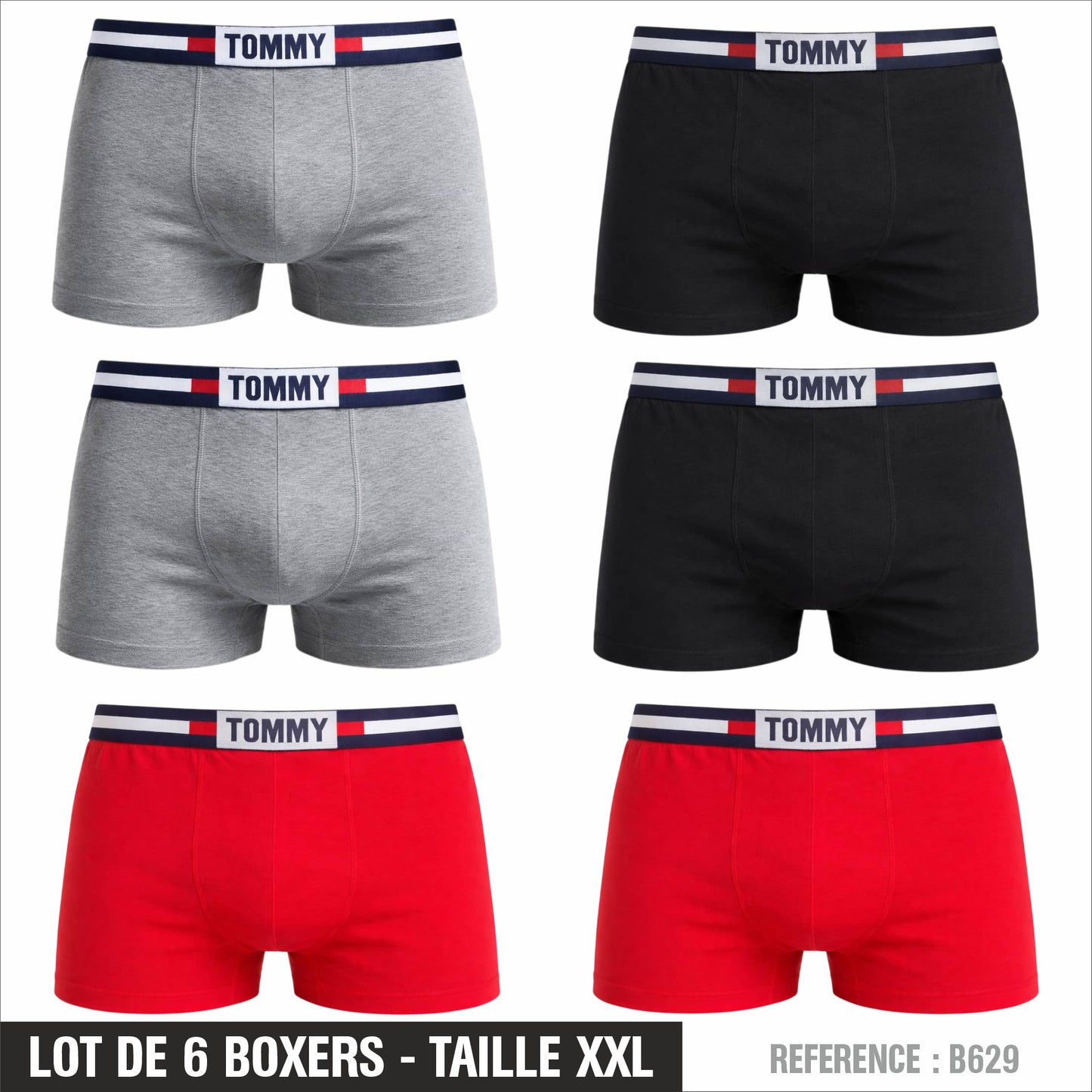 Lot de 6 Boxers Tommy Homme – Taille XXL – Réf. B629