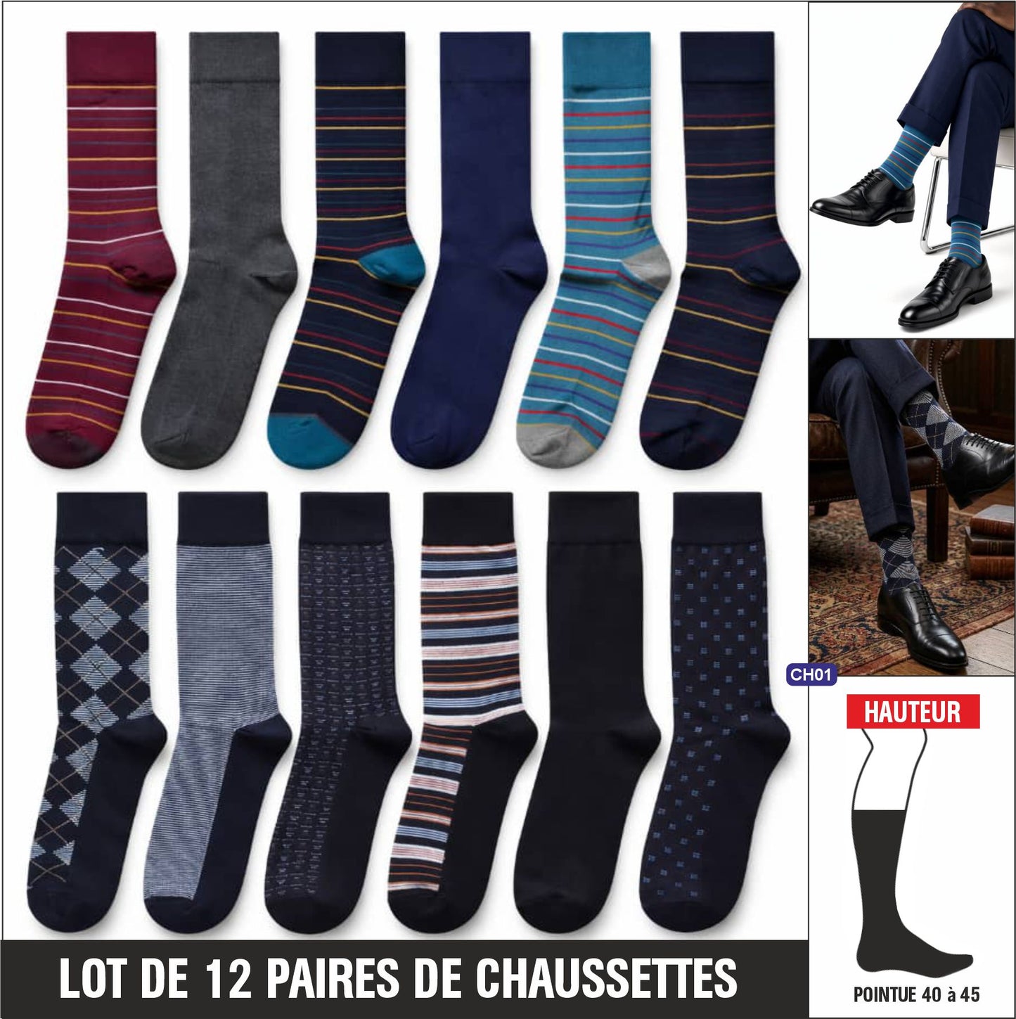 Chaussettes Rayées (Lot de 12 Paires) Ref : CH01